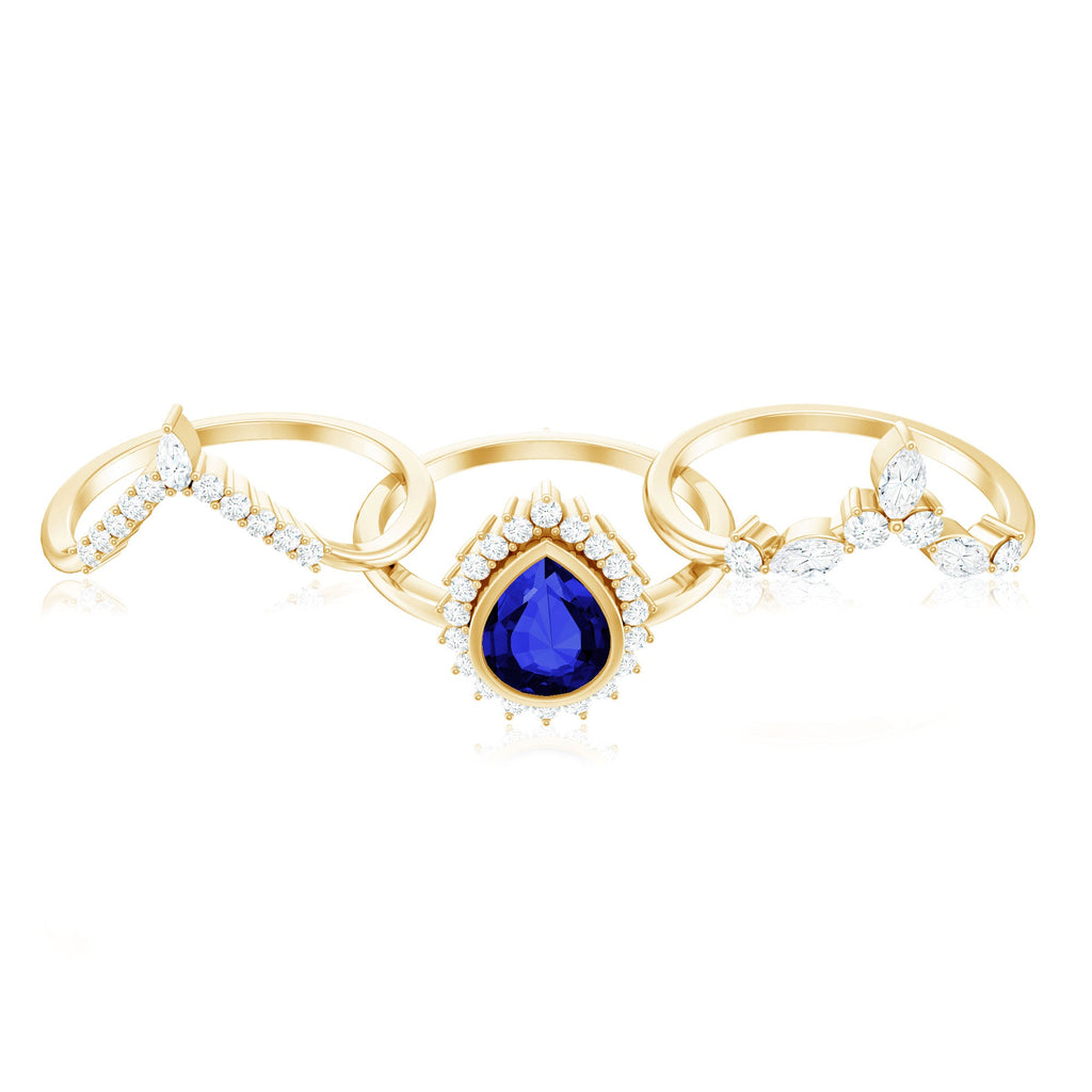 Vintage Looking 1.6 Carat Lab Grown Blue Sapphire 3 Piece Bridal Ring Set with Moissanite