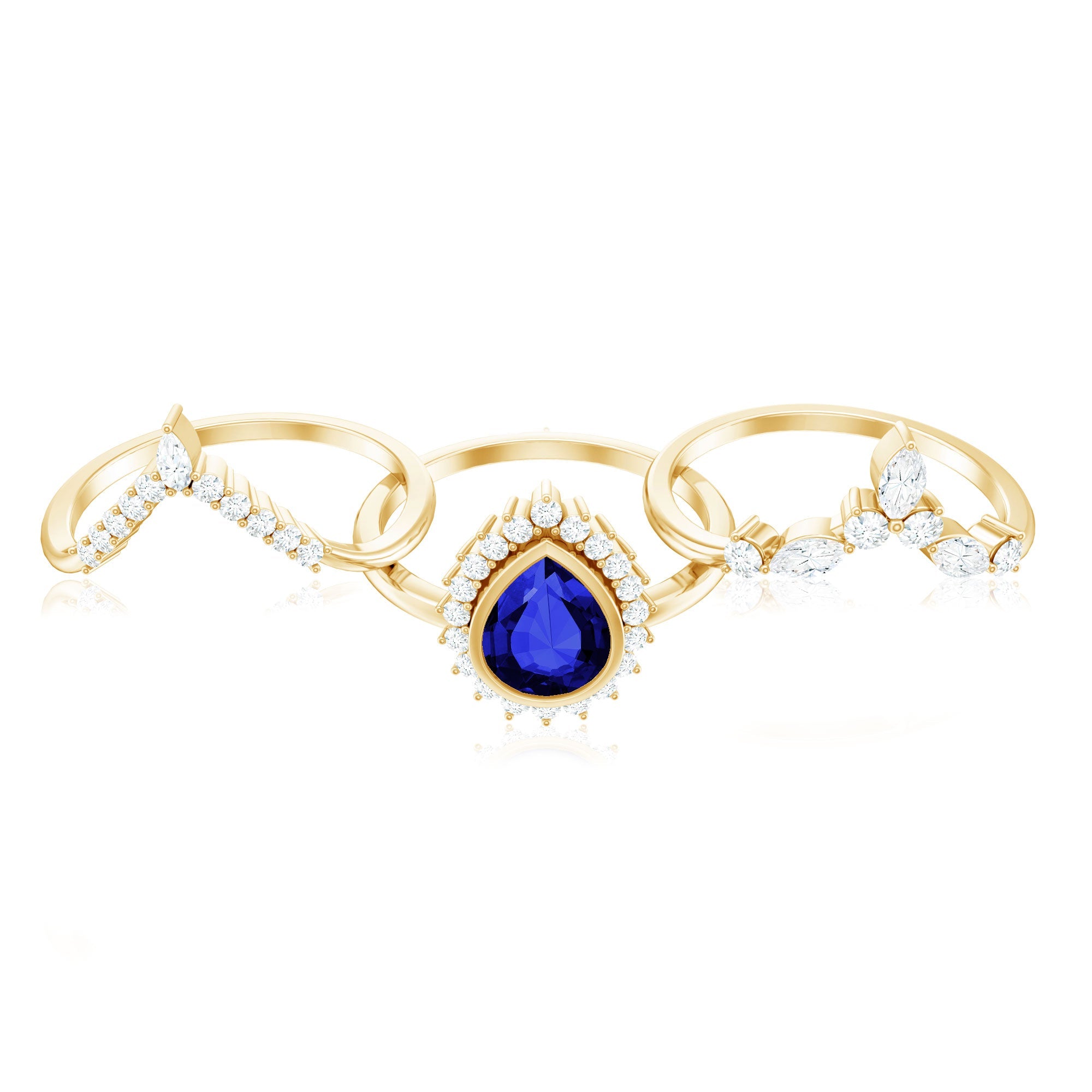 Vintage Looking 1.6 Carat Lab Grown Blue Sapphire 3 Piece Bridal Ring Set with Moissanite