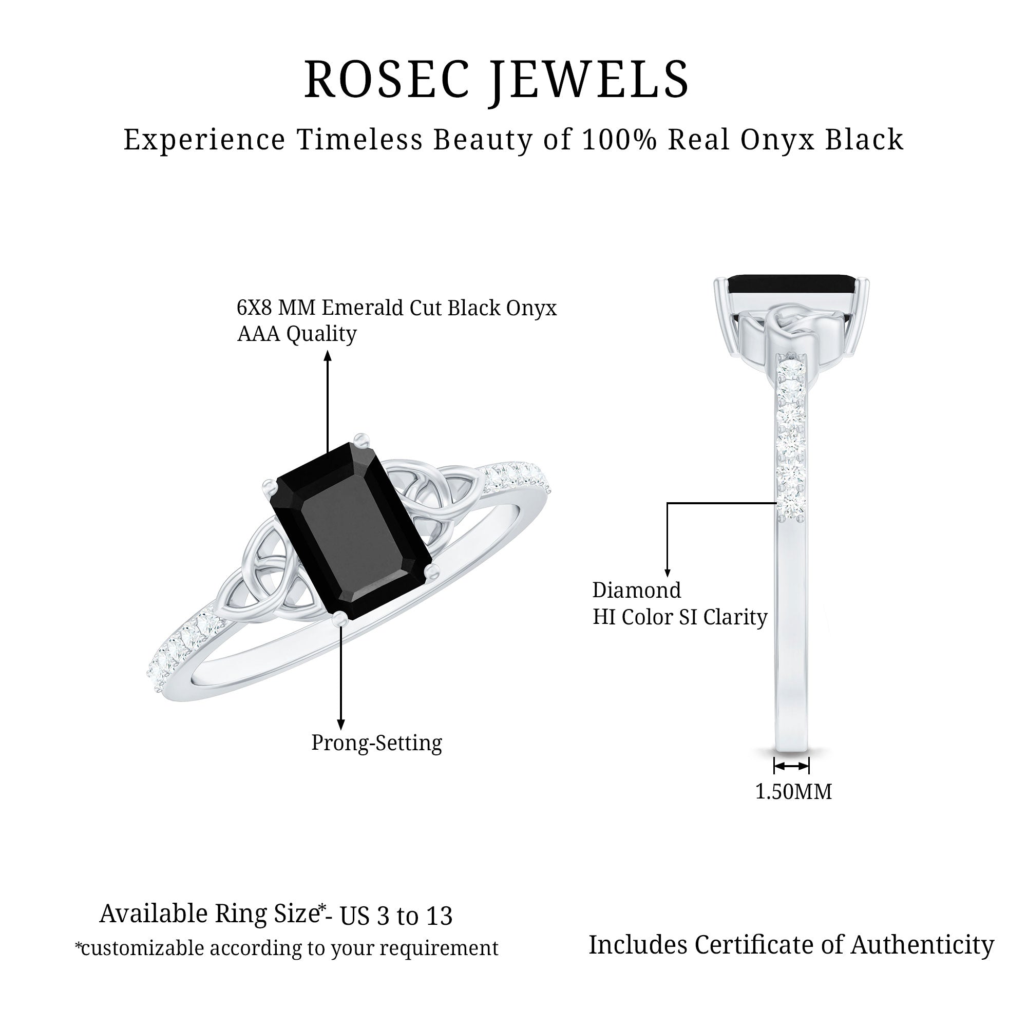 1.8 Carat Emerald Cut Black Onyx Celtic Engagement Ring with Diamond
