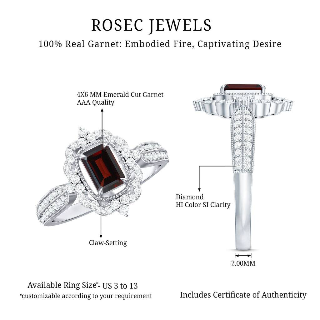 Certified Real Emerald Cut Garnet Retro Engagement Ring with Diamond