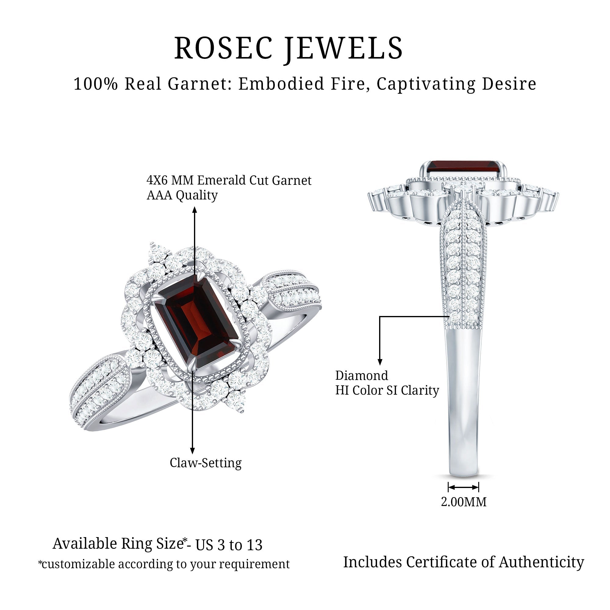Certified Real Emerald Cut Garnet Retro Engagement Ring with Diamond