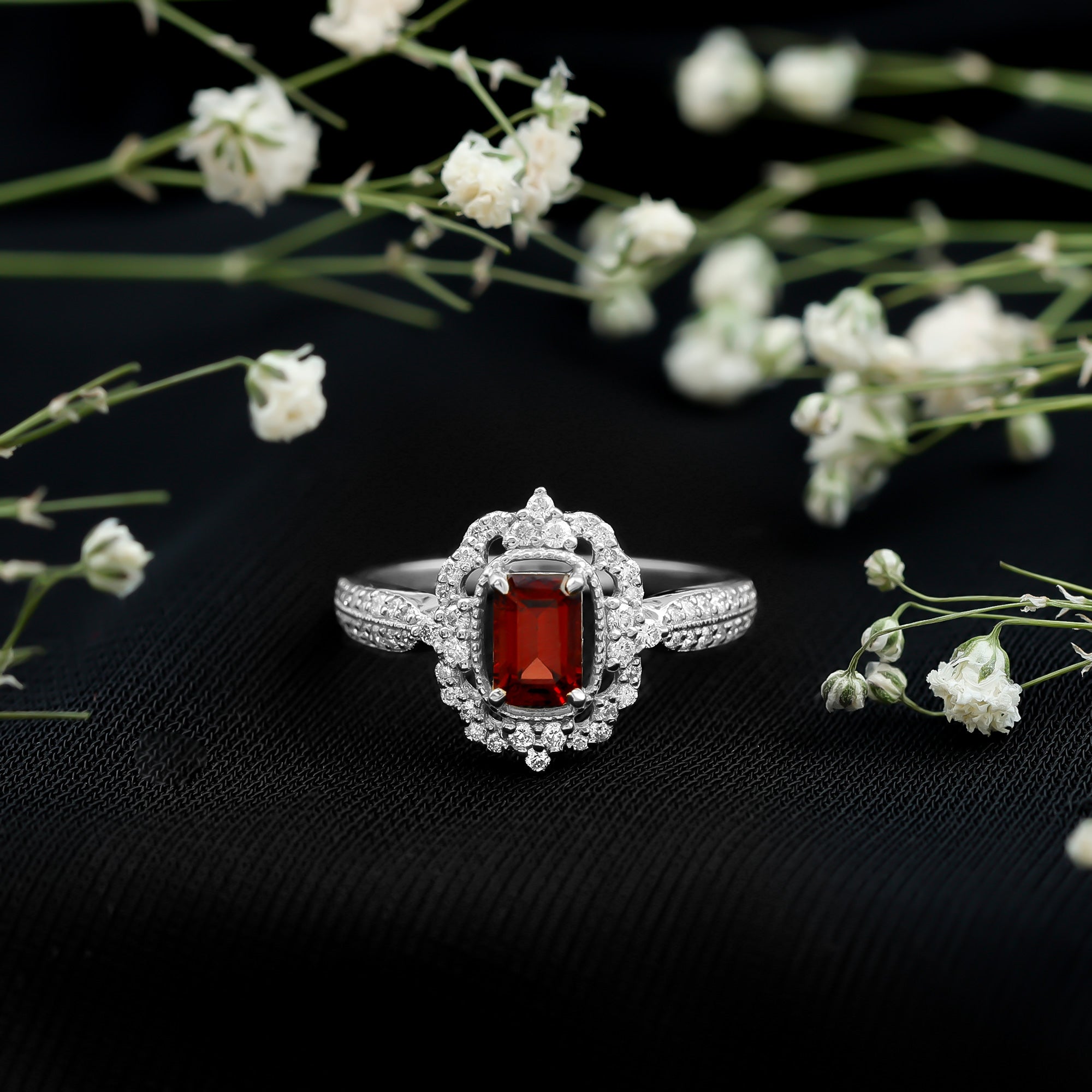 Certified Real Emerald Cut Garnet Retro Engagement Ring with Diamond