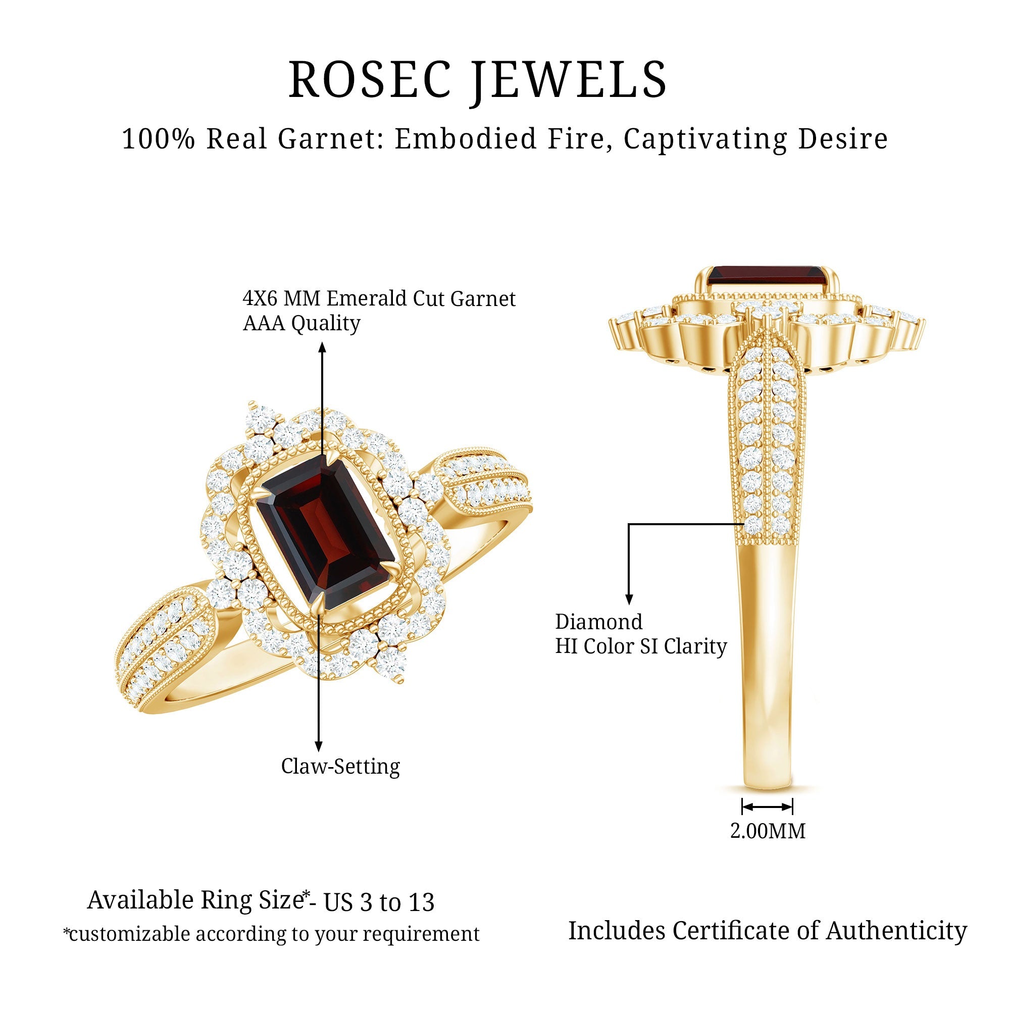 Certified Real Emerald Cut Garnet Retro Engagement Ring with Diamond