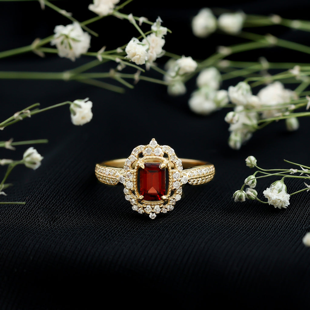 Certified Real Emerald Cut Garnet Retro Engagement Ring with Diamond