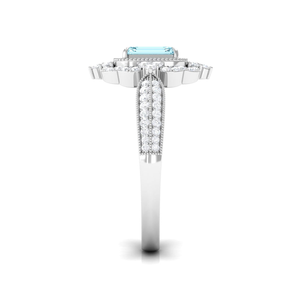 Real Emerald Cut Aquamarine Vintage Looking Engagement Ring with Diamond