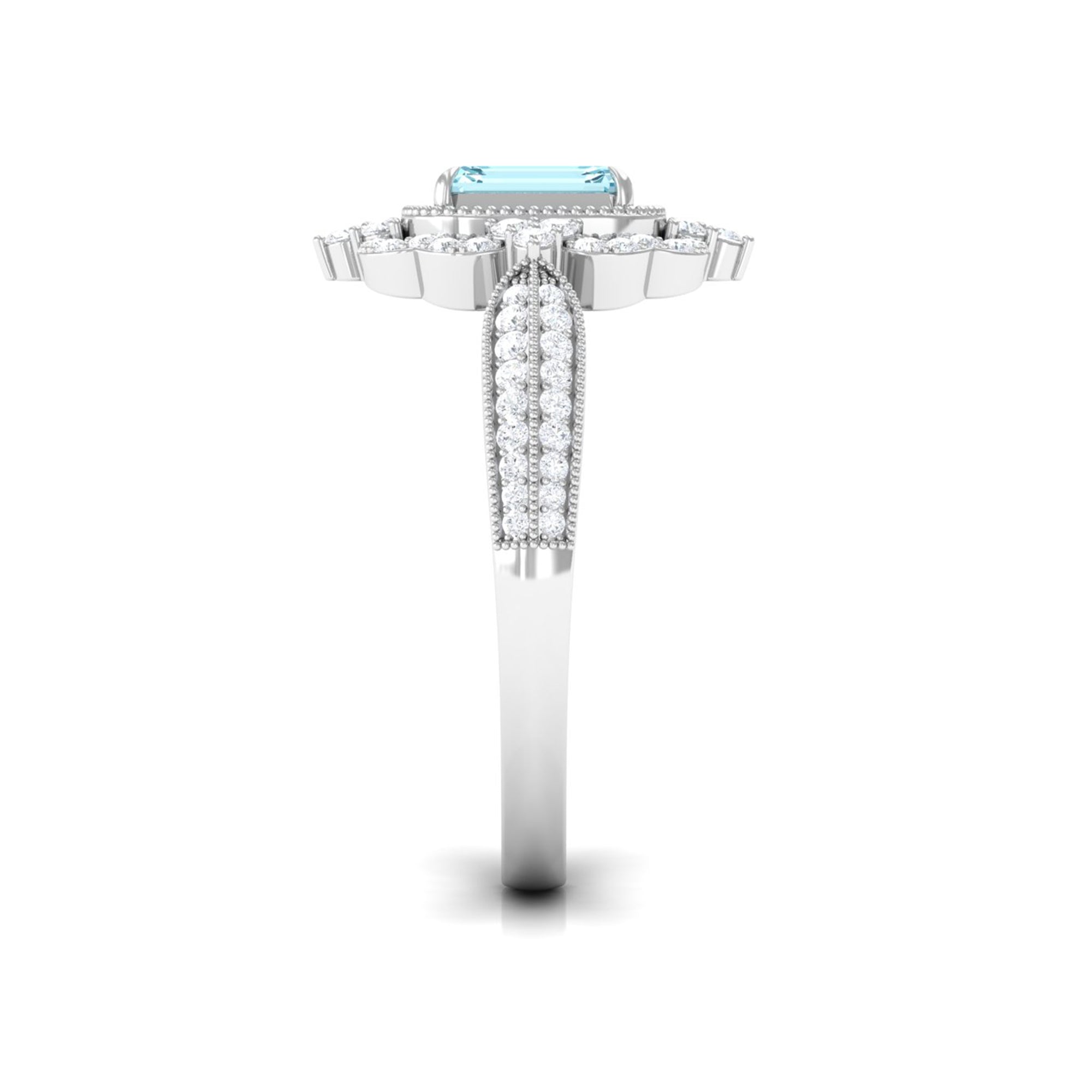 Real Emerald Cut Aquamarine Vintage Looking Engagement Ring with Diamond
