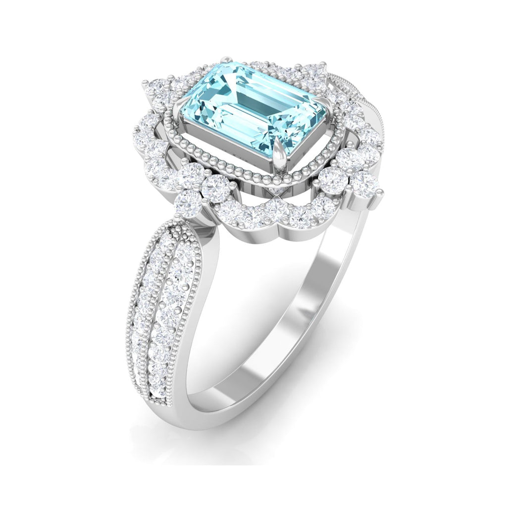 Real Emerald Cut Aquamarine Vintage Looking Engagement Ring with Diamond