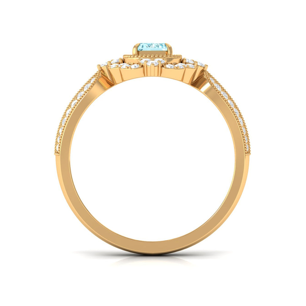 Real Emerald Cut Aquamarine Vintage Looking Engagement Ring with Diamond