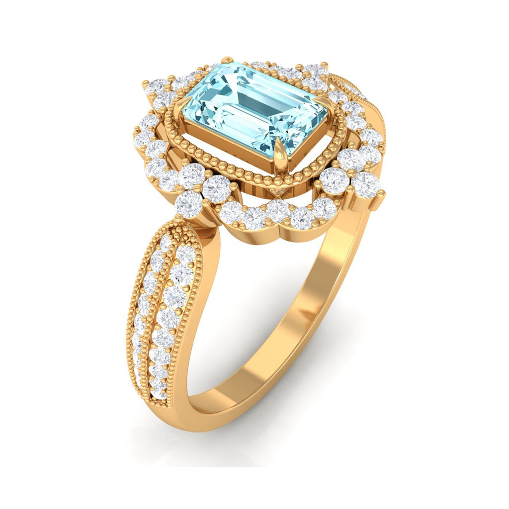 Real Emerald Cut Aquamarine Vintage Looking Engagement Ring with Diamond