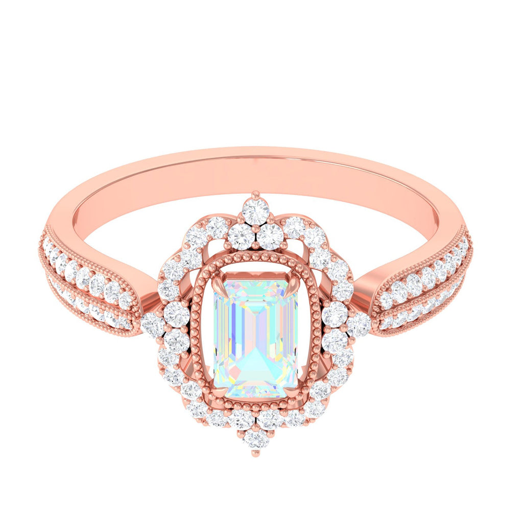 Real 2 Carat Emerald Cut Opalescent Antique Looking Engagement Ring with Diamond Halo