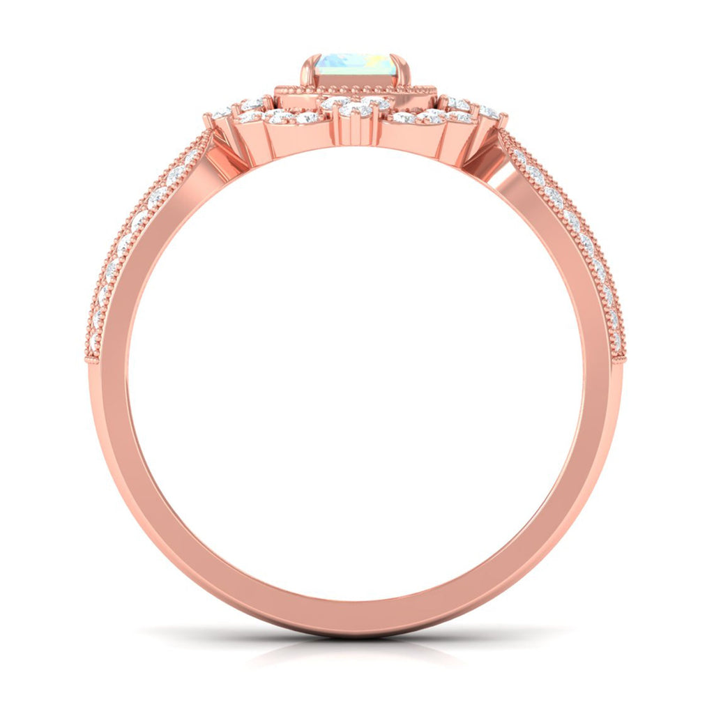 Real 2 Carat Emerald Cut Opalescent Antique Looking Engagement Ring with Diamond Halo