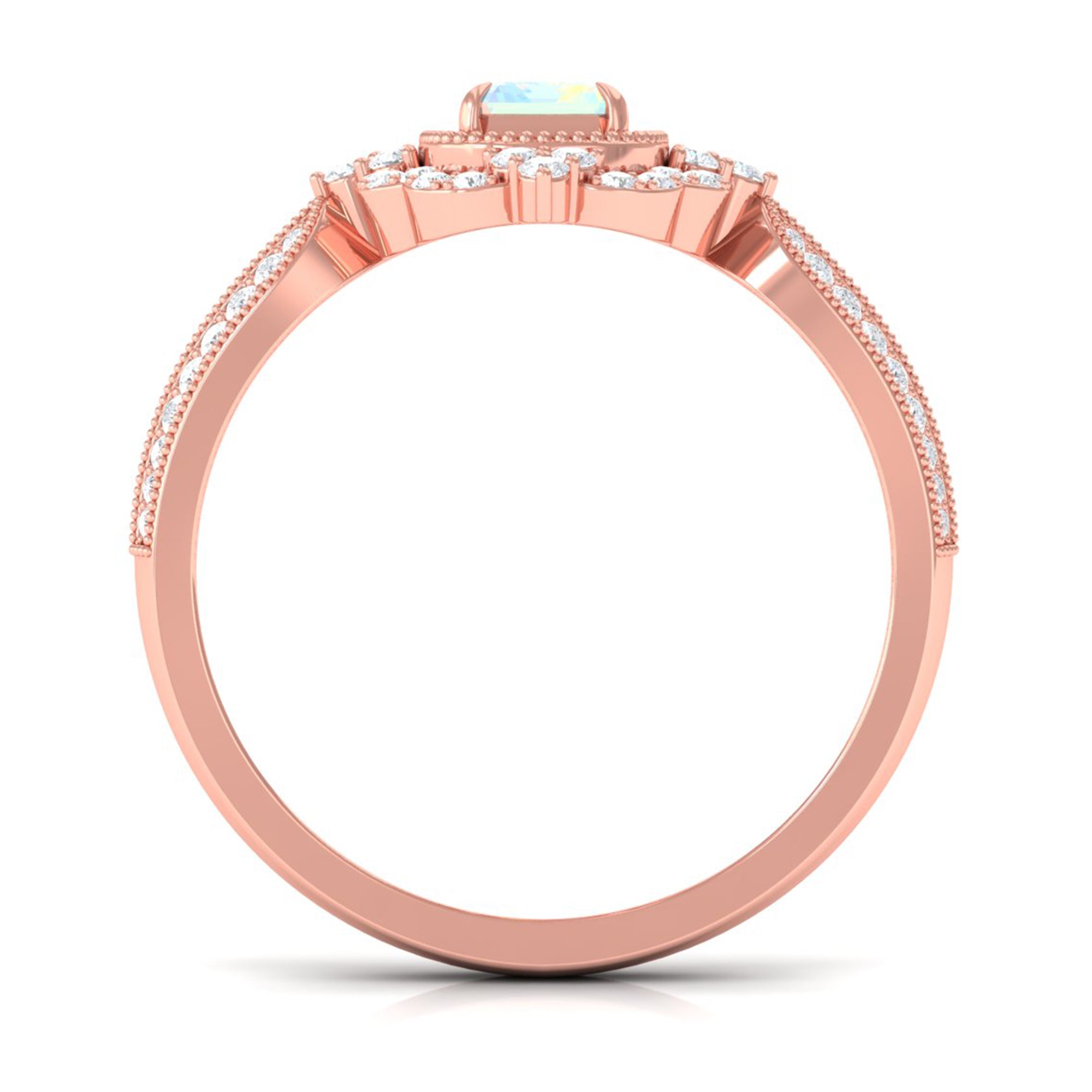 Real 2 Carat Emerald Cut Opalescent Antique Looking Engagement Ring with Diamond Halo