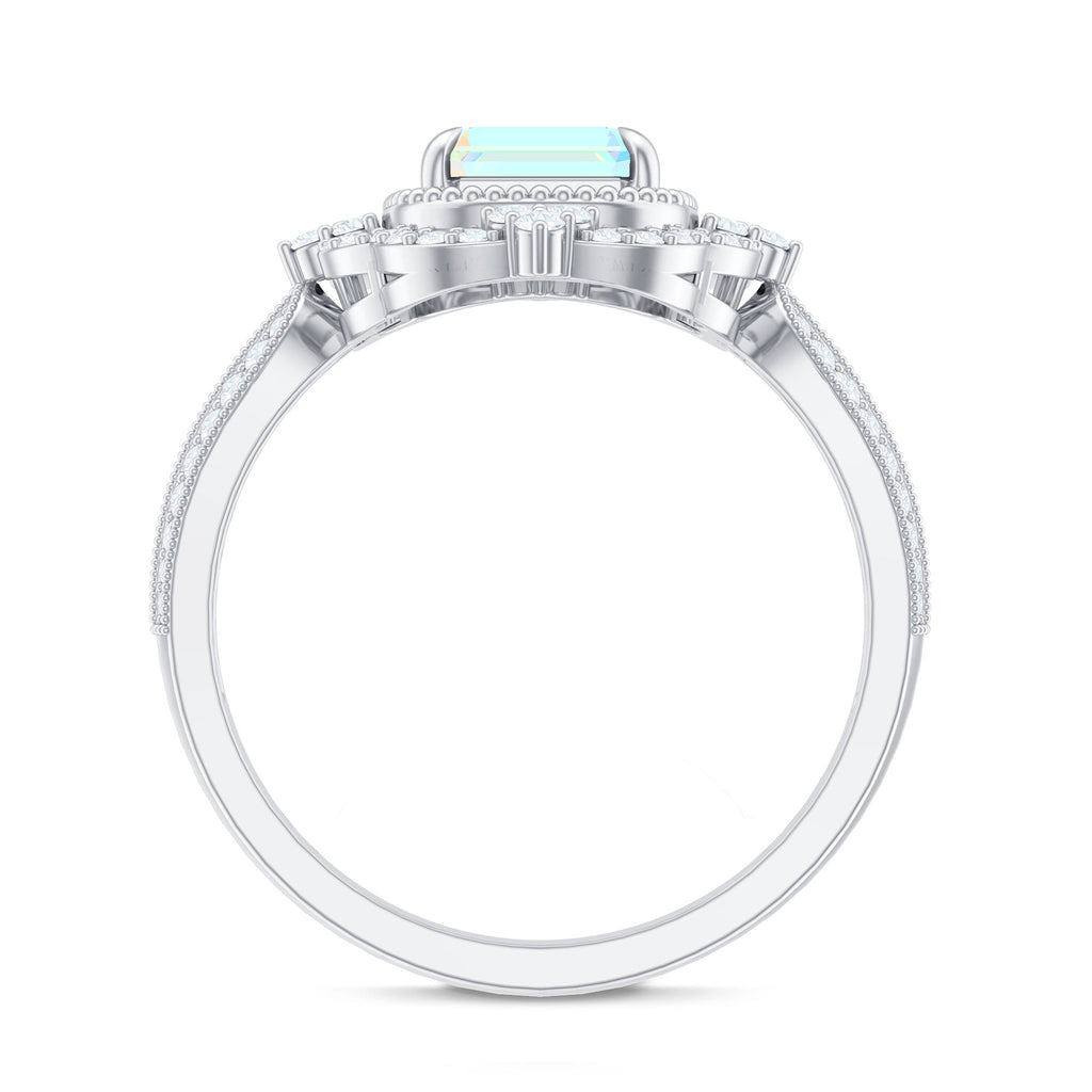 Real 2 Carat Emerald Cut Opalescent Antique Looking Engagement Ring with Diamond Halo