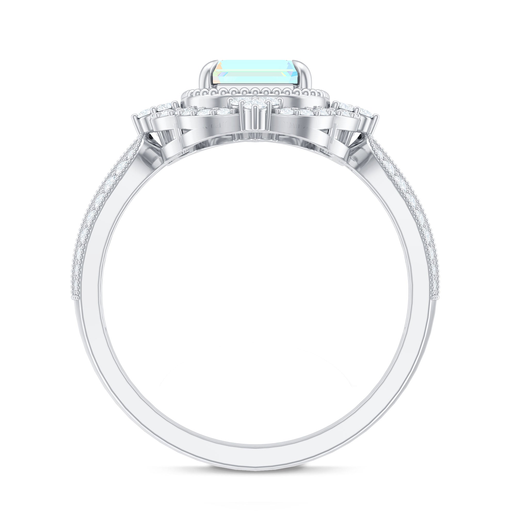 Real 2 Carat Emerald Cut Opalescent Antique Looking Engagement Ring with Diamond Halo