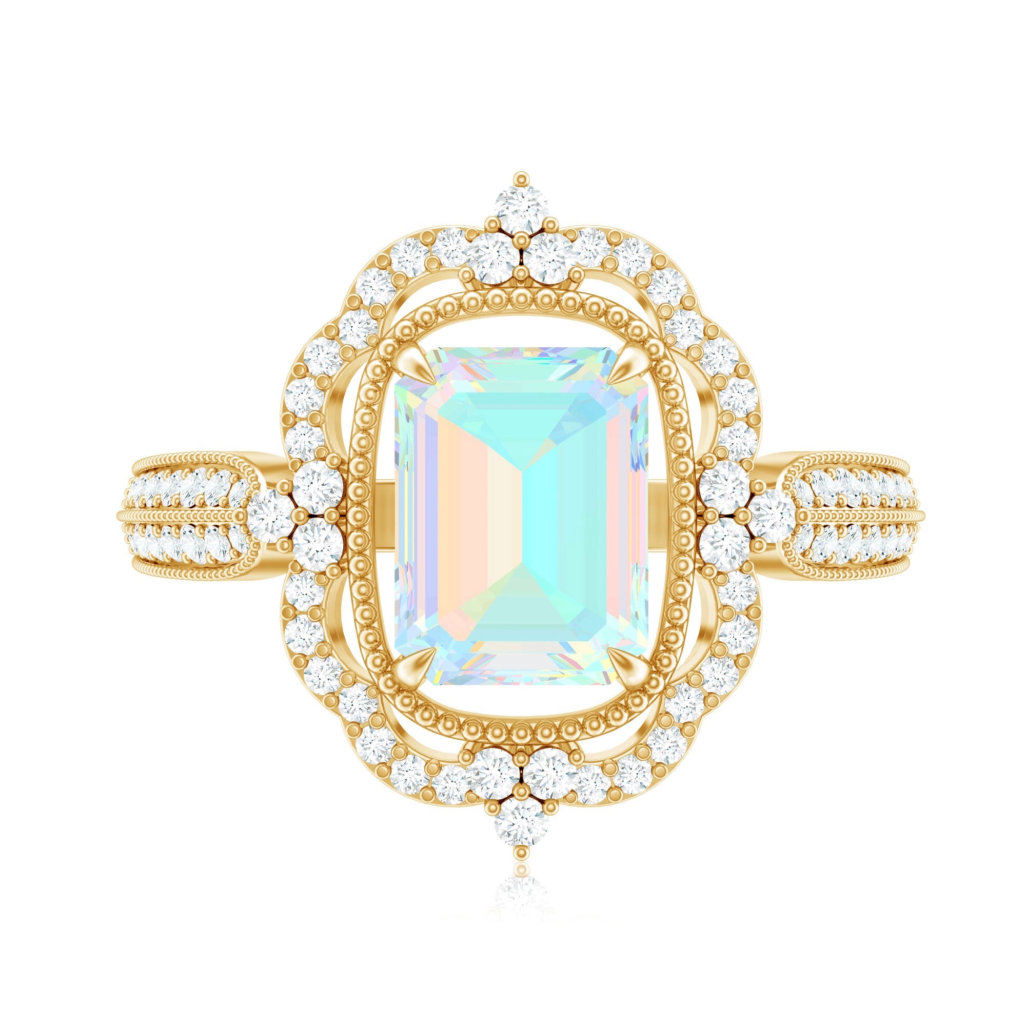 Real 2 Carat Emerald Cut Opalescent Antique Looking Engagement Ring with Diamond Halo