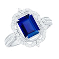 Certified 1.75 Carat Emerald Cut Lab Grown Blue Sapphire Retro Engagement Ring with Diamond