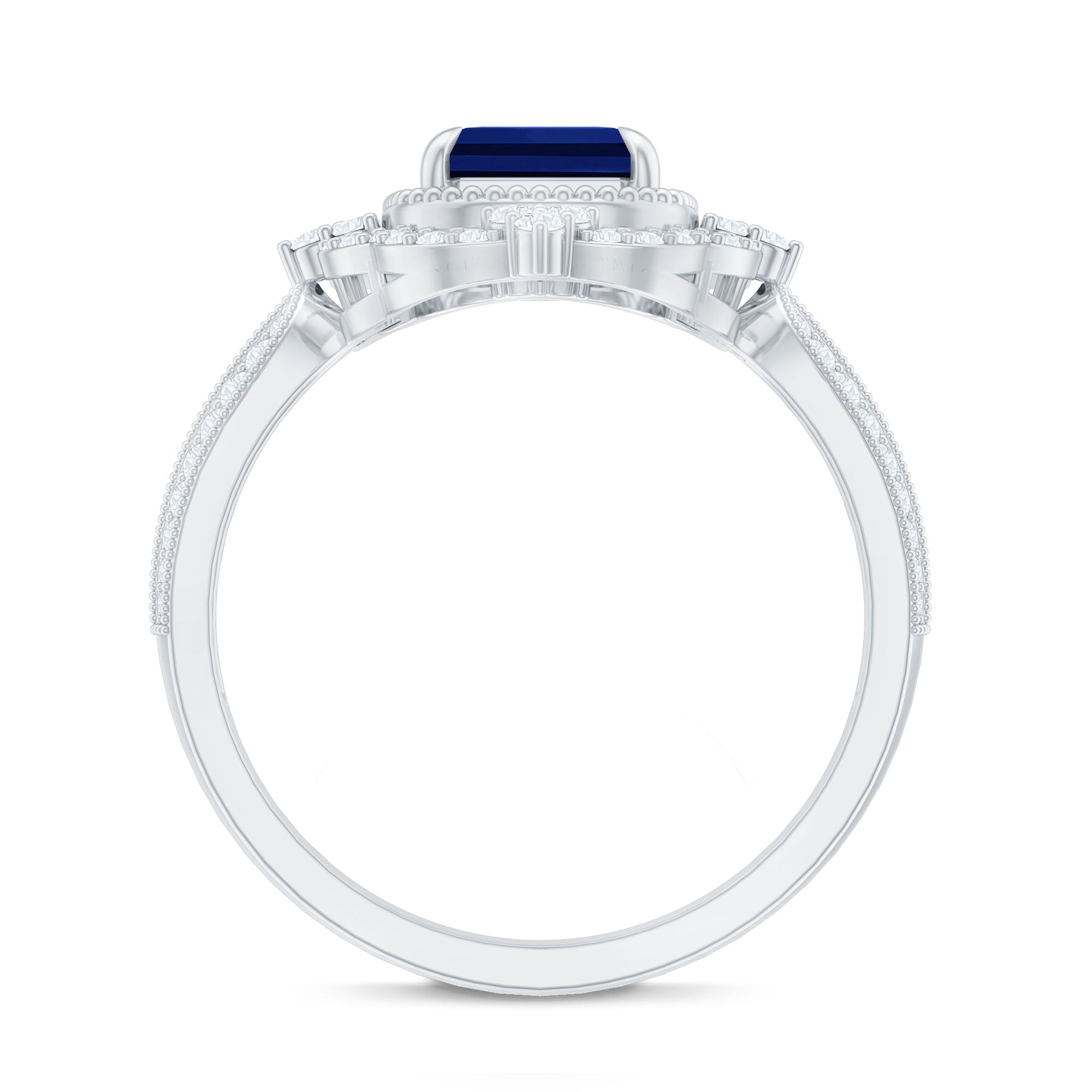 Certified 1.75 Carat Emerald Cut Lab Grown Blue Sapphire Retro Engagement Ring with Diamond
