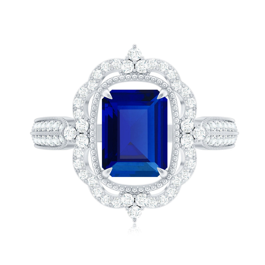 Certified 1.75 Carat Emerald Cut Lab Grown Blue Sapphire Retro Engagement Ring with Diamond