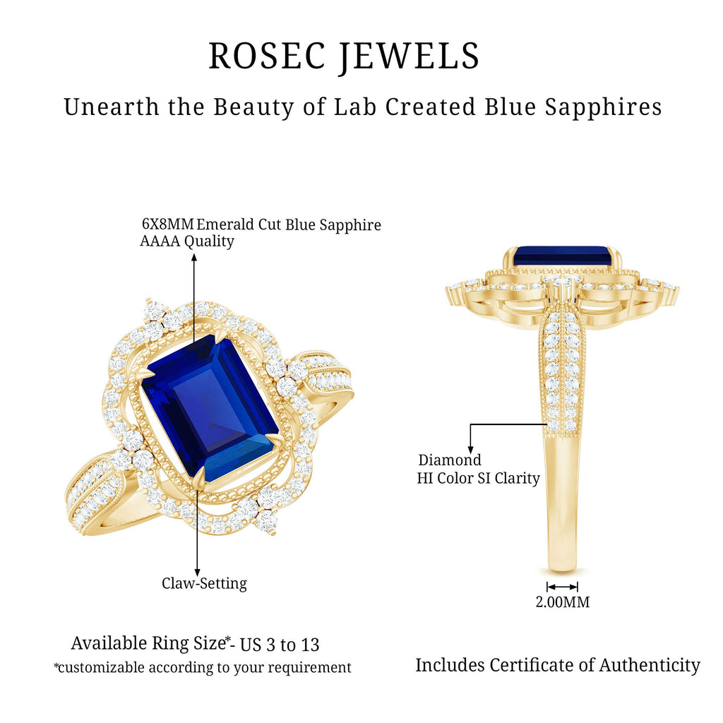 Certified 1.75 Carat Emerald Cut Lab Grown Blue Sapphire Retro Engagement Ring with Diamond