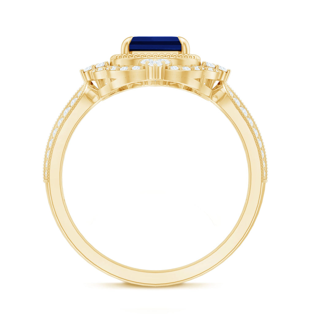 Certified 1.75 Carat Emerald Cut Lab Grown Blue Sapphire Retro Engagement Ring with Diamond