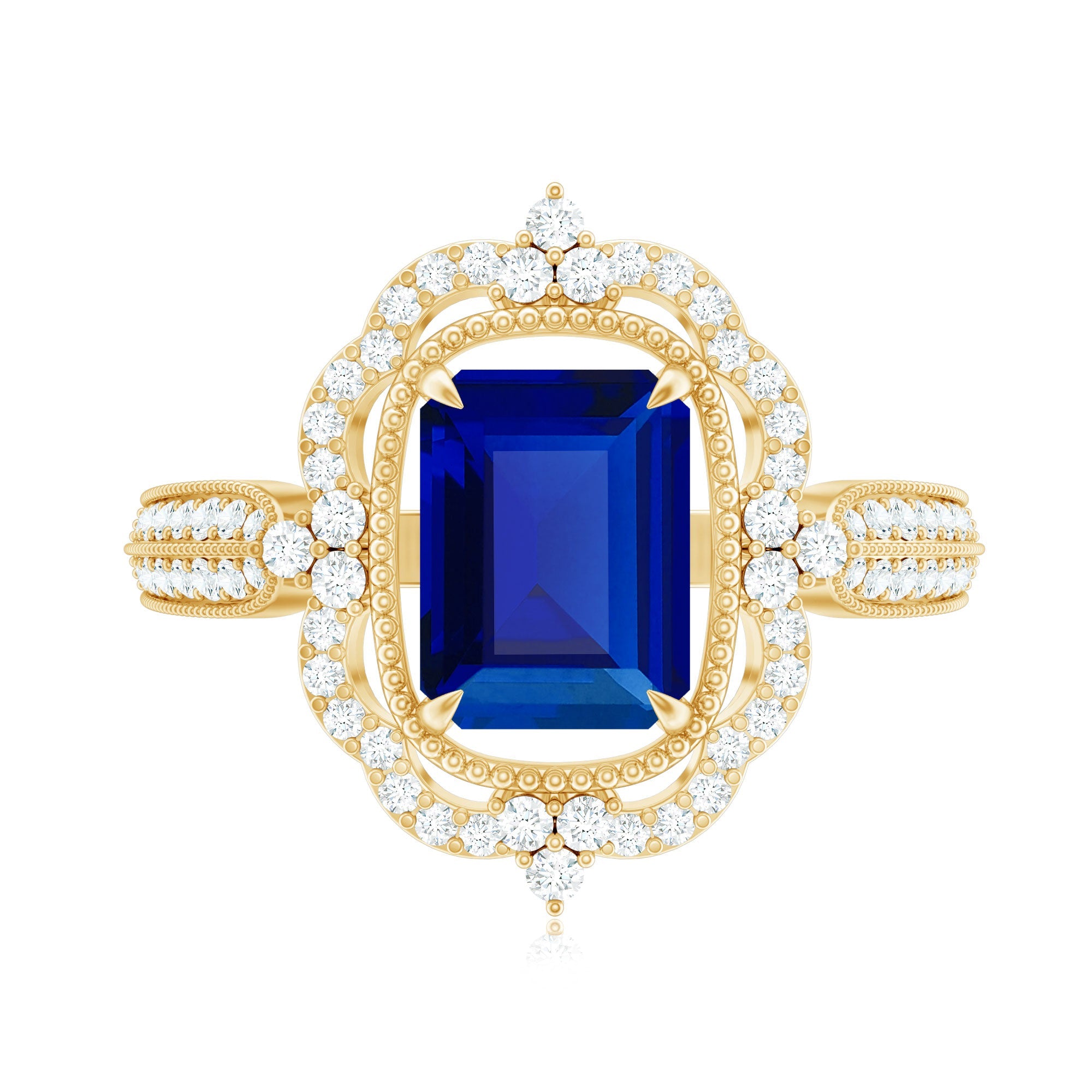 Certified 1.75 Carat Emerald Cut Lab Grown Blue Sapphire Retro Engagement Ring with Diamond