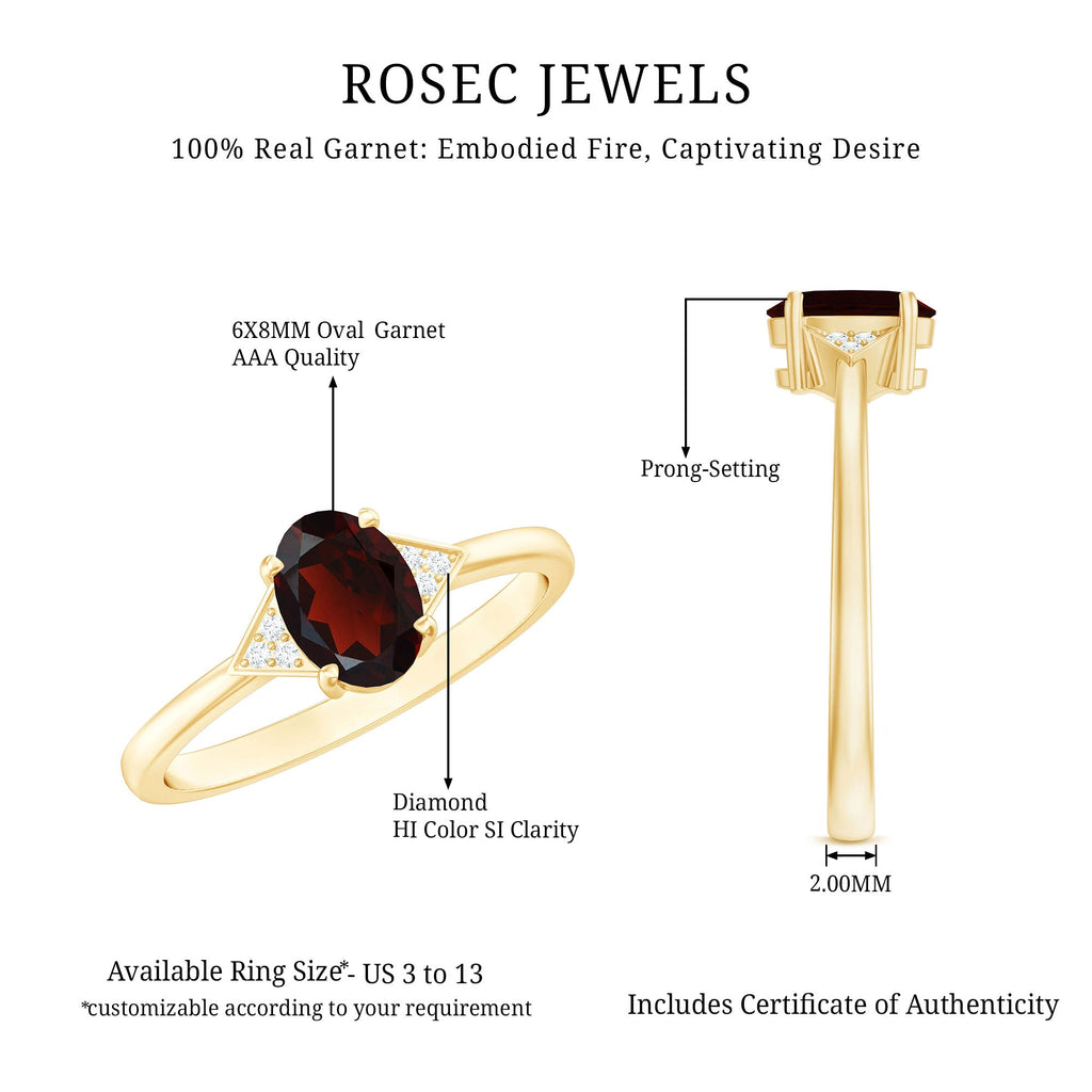 Natural Garnet Oval Shaped Engagement Ring with Diamond Trio