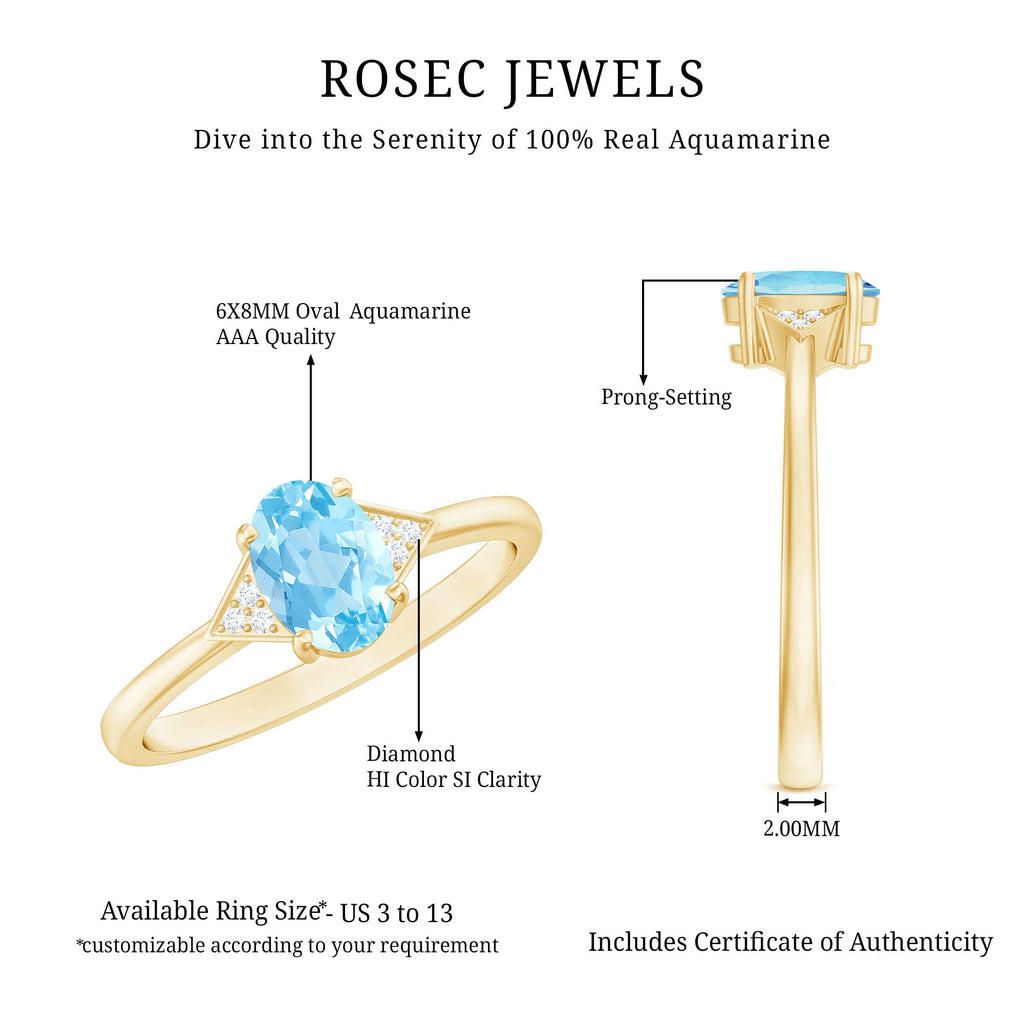 Genuine 1 Carat Aquamarine Oval Engagement Ring with Diamond