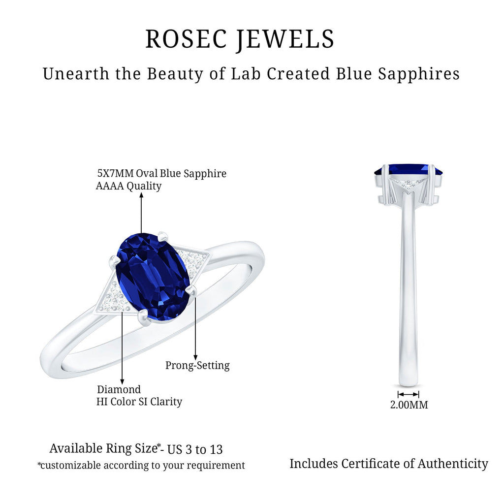 Certified 1 Carat Lab Grown Blue Sapphire Oval Engagement Ring with Diamond Trio