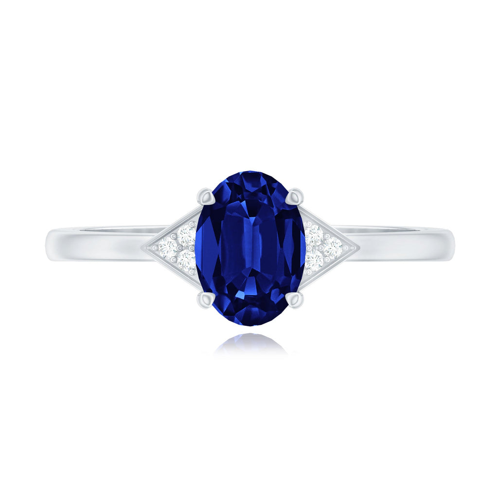 Certified 1 Carat Lab Grown Blue Sapphire Oval Engagement Ring with Diamond Trio