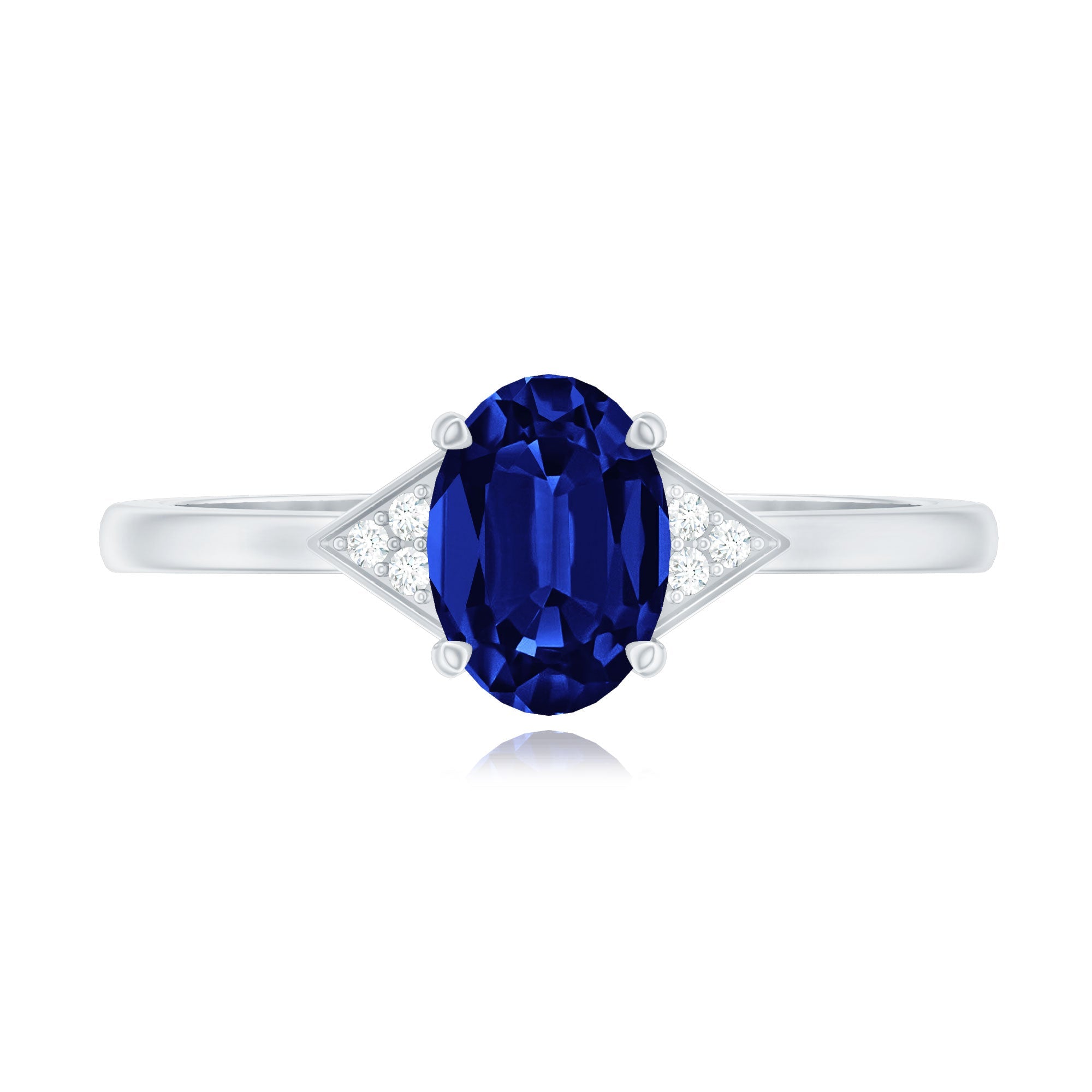 Certified 1 Carat Lab Grown Blue Sapphire Oval Engagement Ring with Diamond Trio