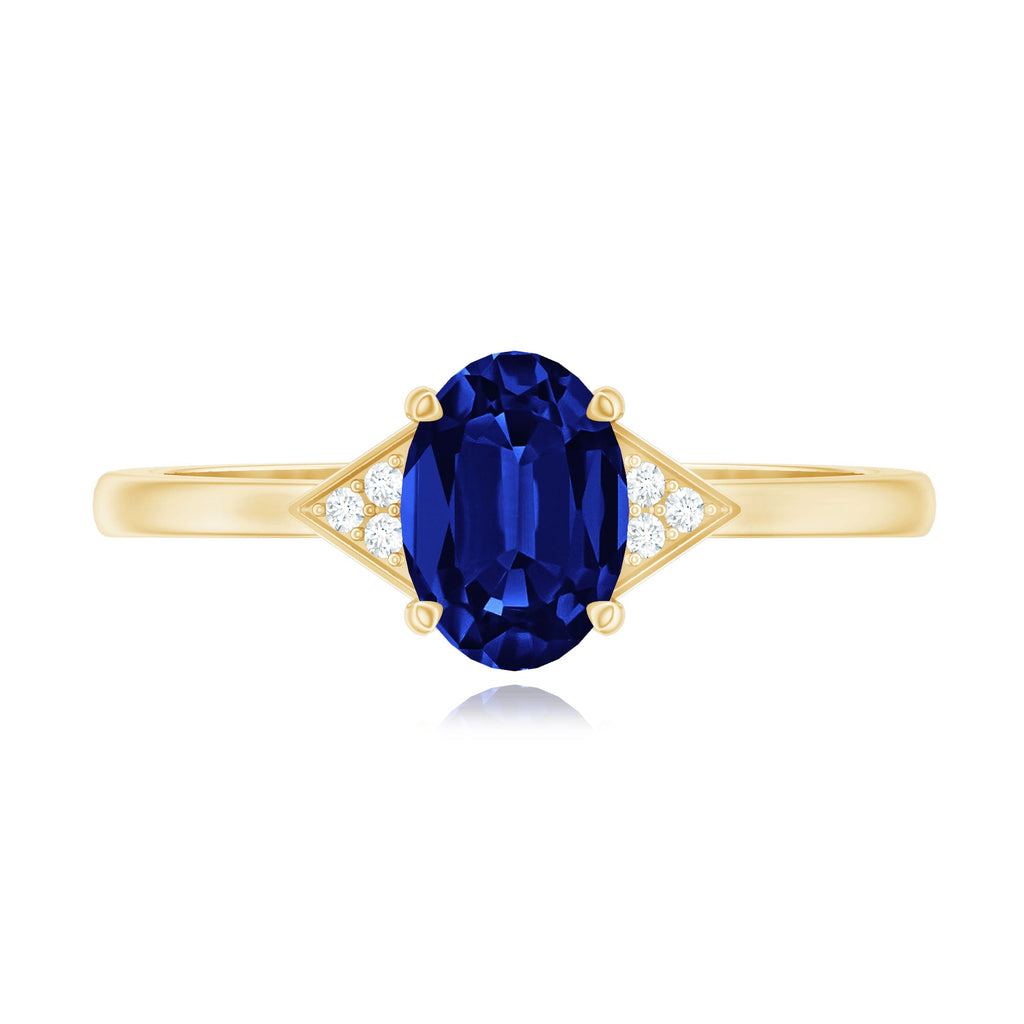 Certified 1 Carat Lab Grown Blue Sapphire Oval Engagement Ring with Diamond Trio