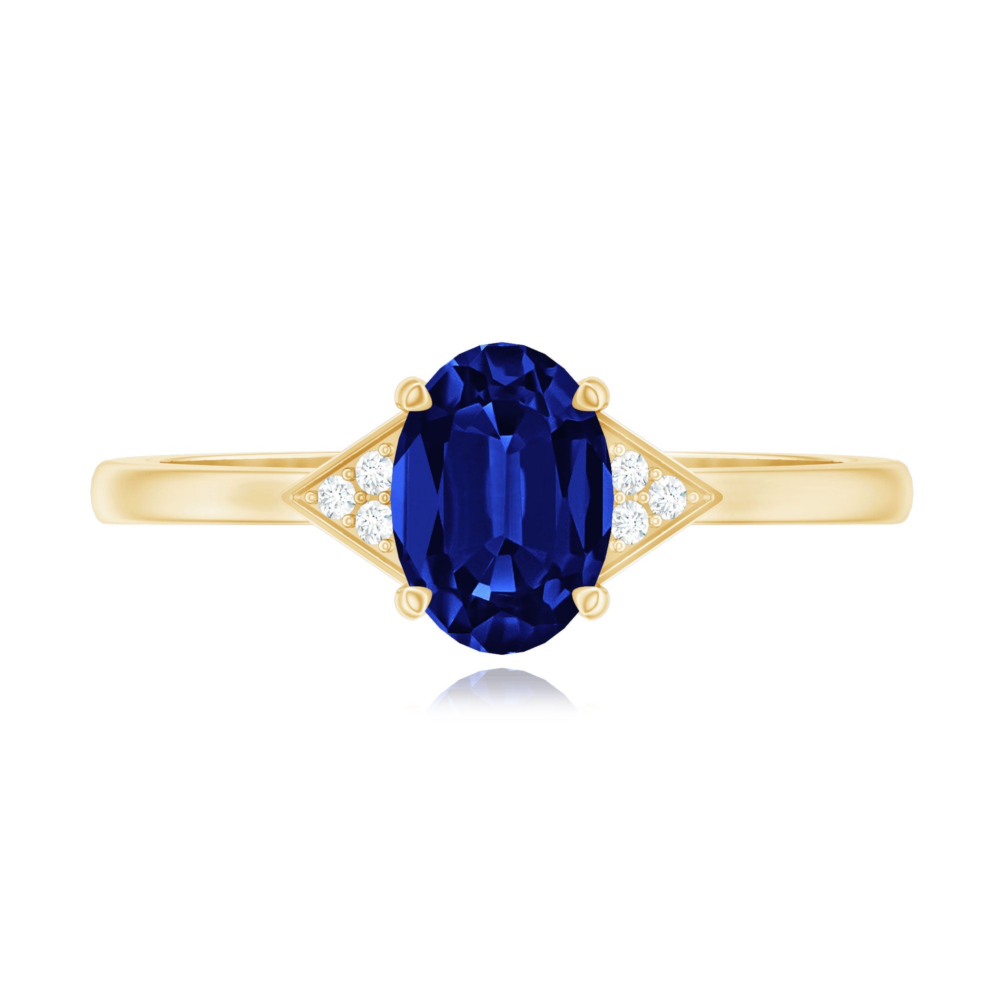 Certified 1 Carat Lab Grown Blue Sapphire Oval Engagement Ring with Diamond Trio
