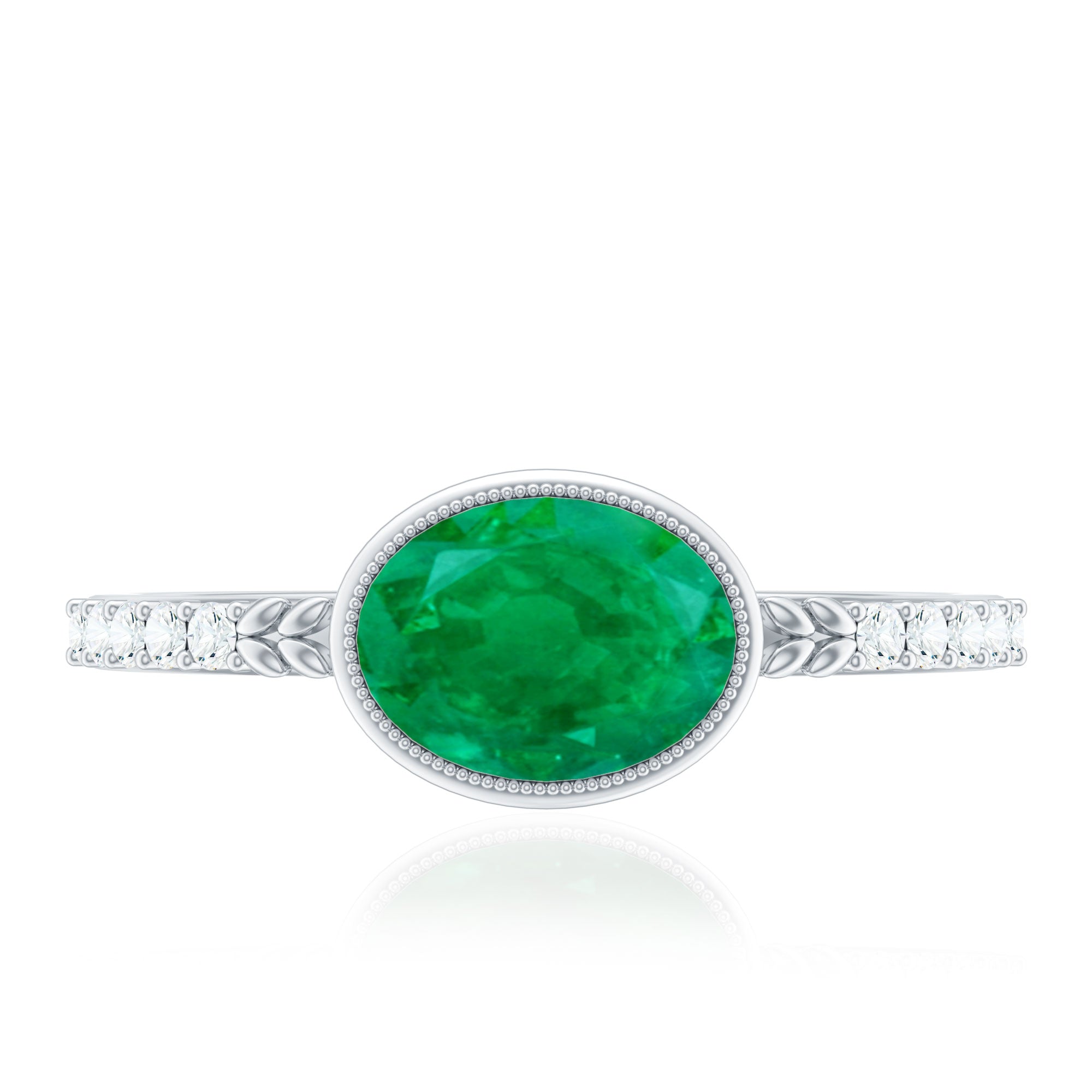 Natural Oval Shape Emerald East West Engagement Ring with Diamond
