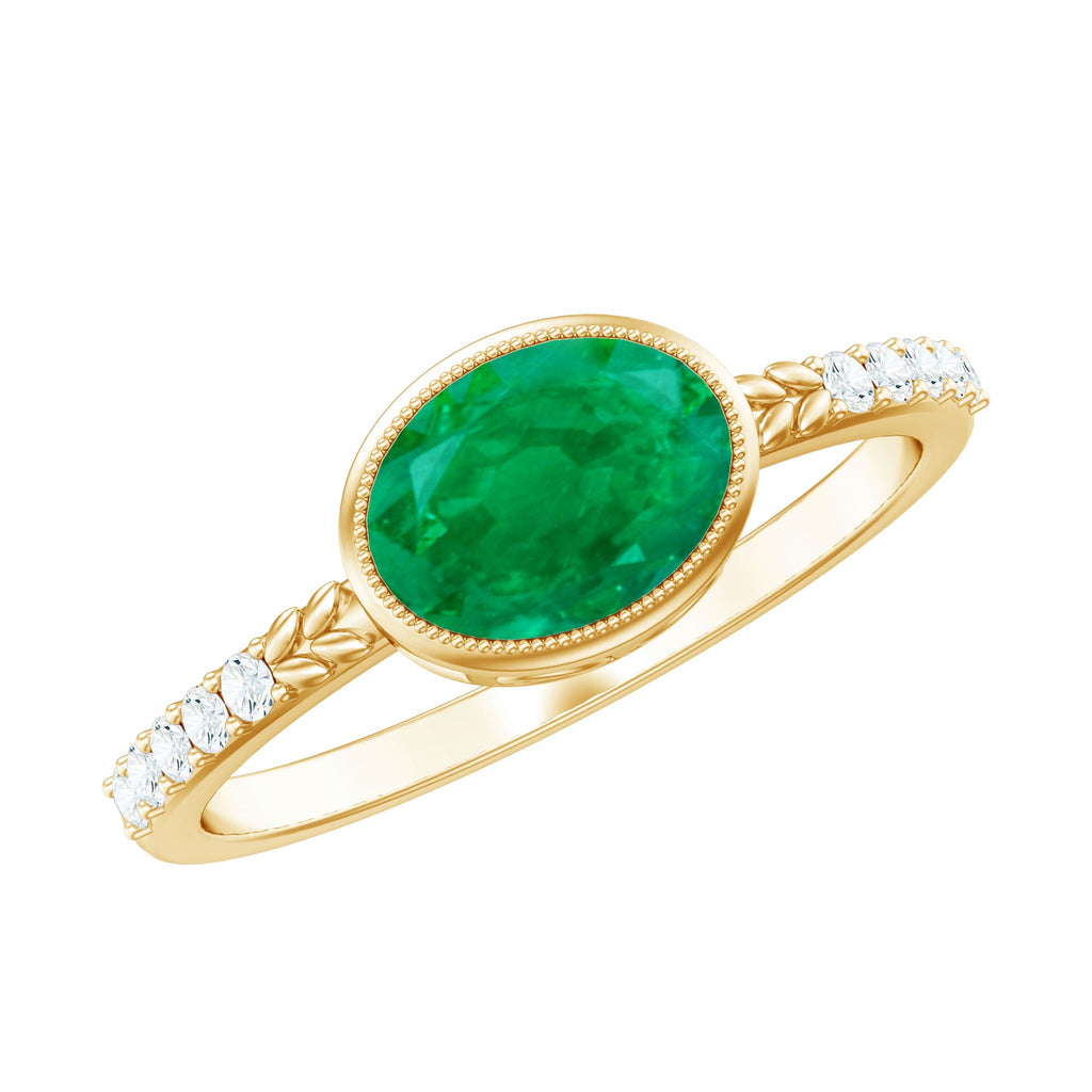 Natural Oval Shape Emerald East West Engagement Ring with Diamond