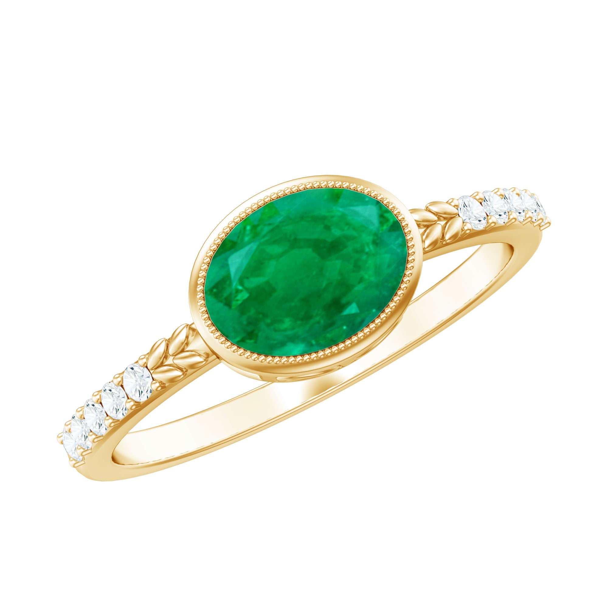 Natural Oval Shape Emerald East West Engagement Ring with Diamond