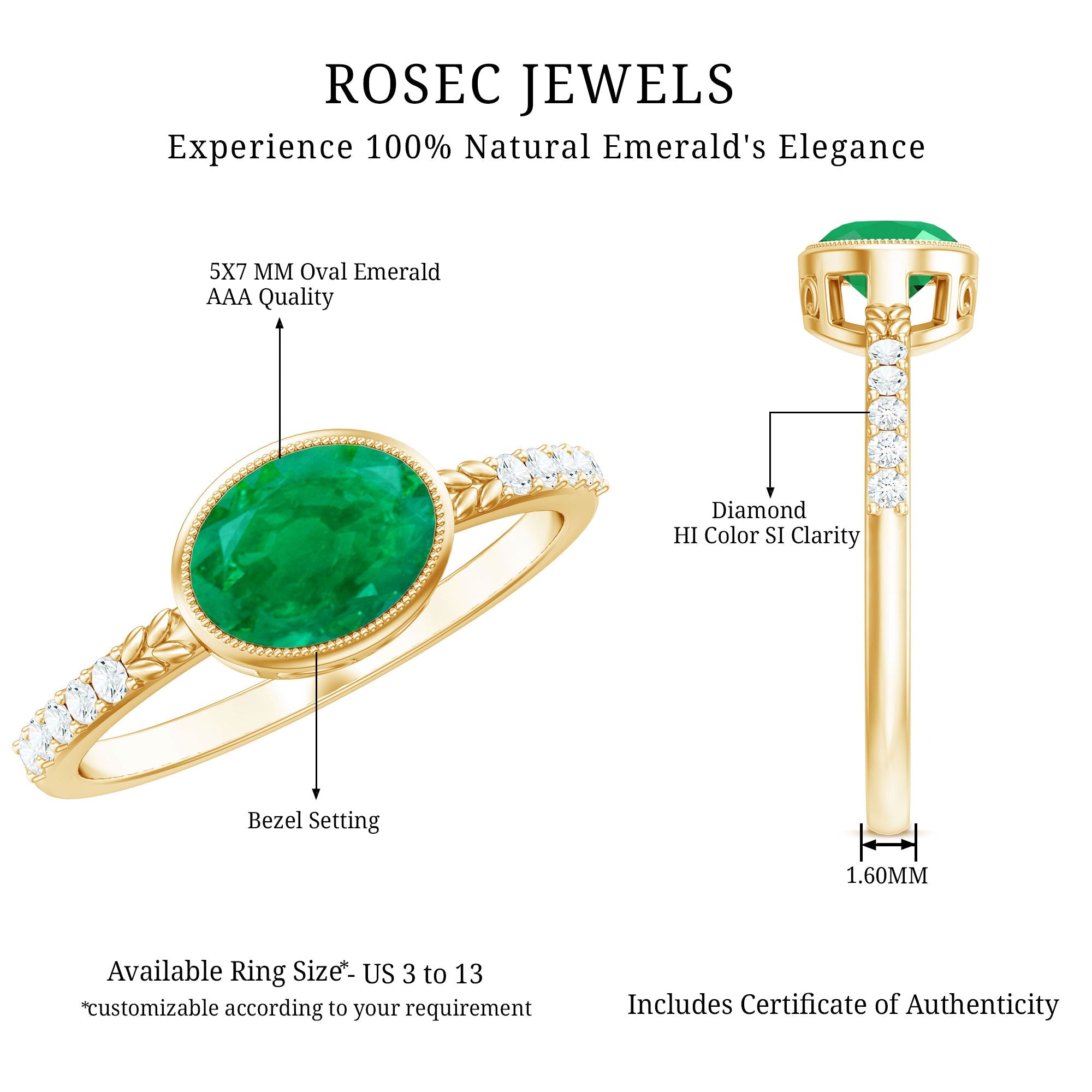 Natural Oval Shape Emerald East West Engagement Ring with Diamond