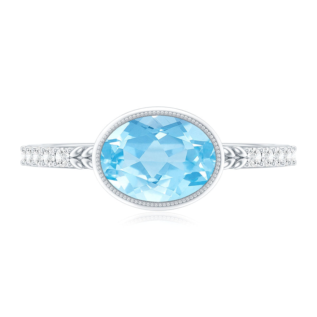 Natural Aquamarine Diamond Oval Engagement Ring in East West Style