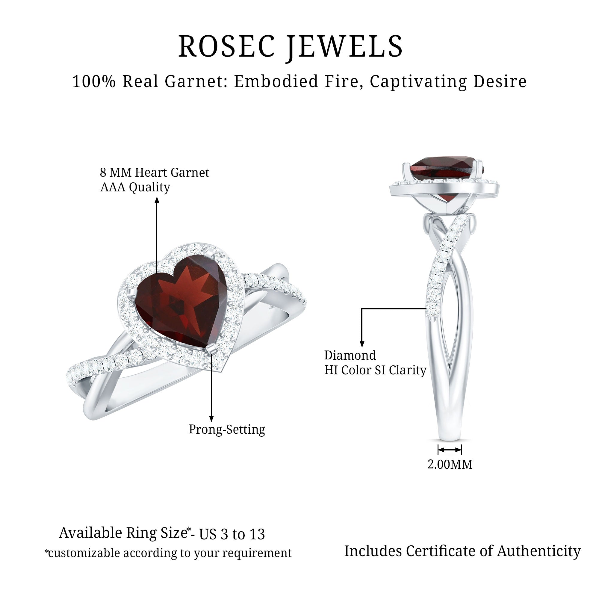 Natural Garnet Diamond Heart Engagement Ring with Crossover Shank
