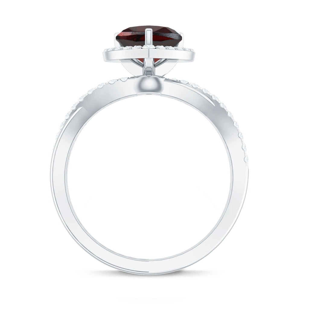 Natural Garnet Diamond Heart Engagement Ring with Crossover Shank