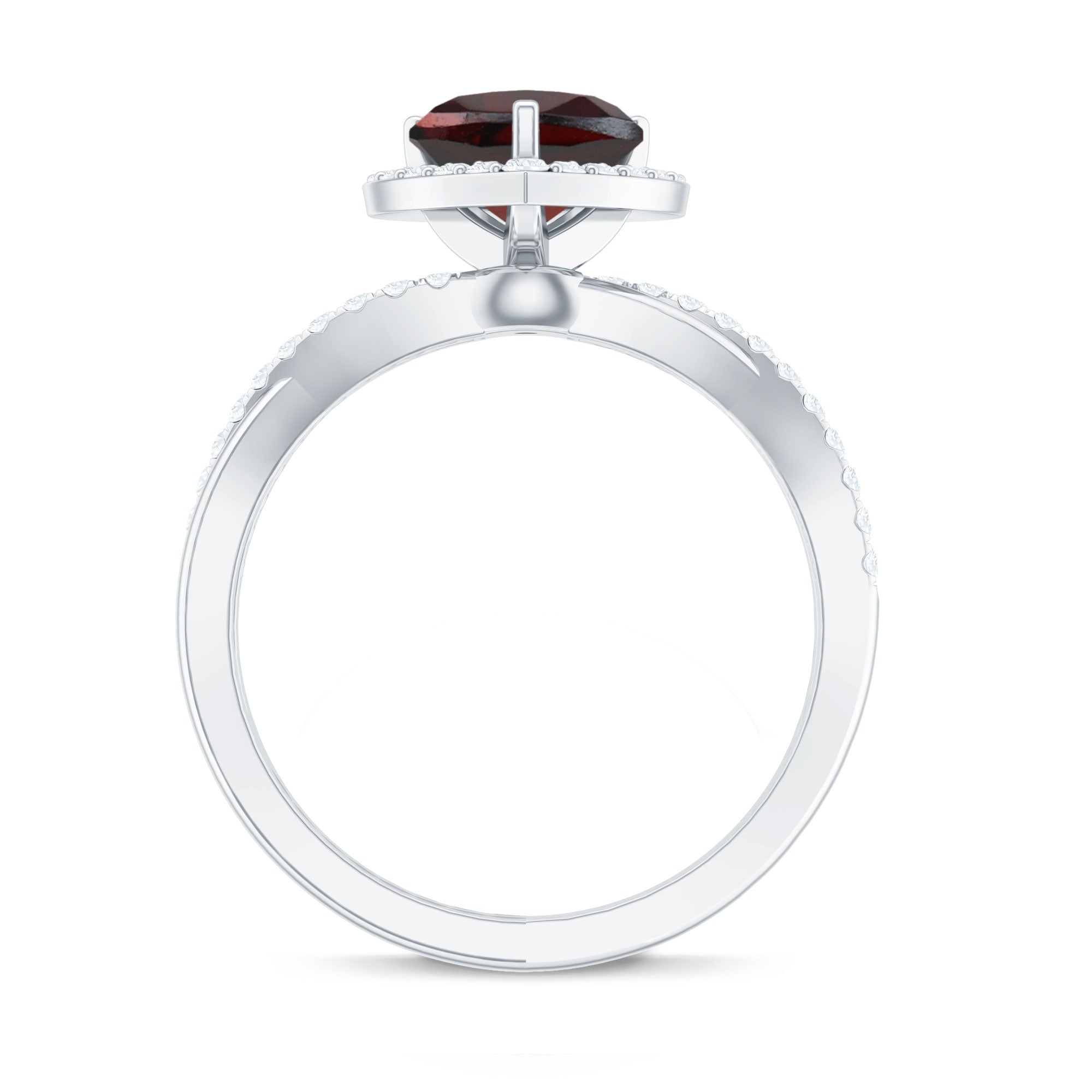 Natural Garnet Diamond Heart Engagement Ring with Crossover Shank