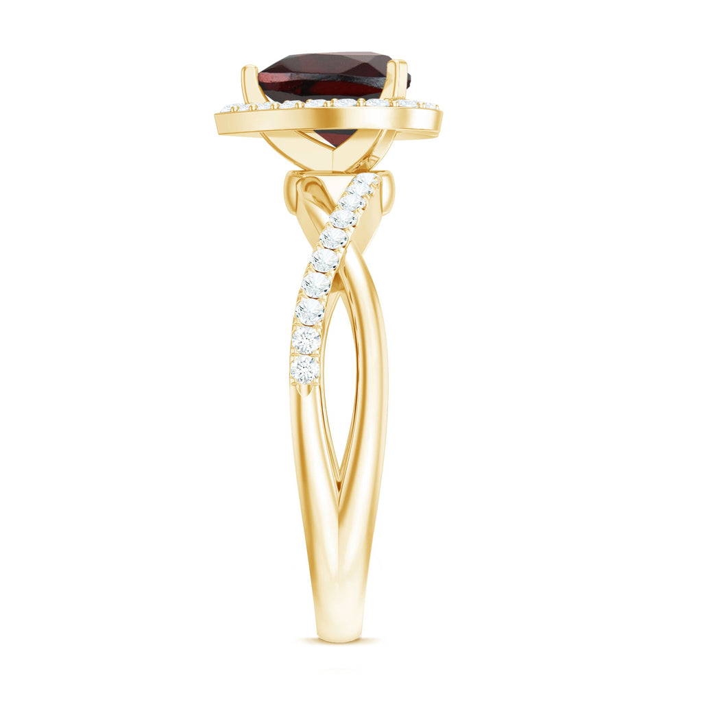 Natural Garnet Diamond Heart Engagement Ring with Crossover Shank