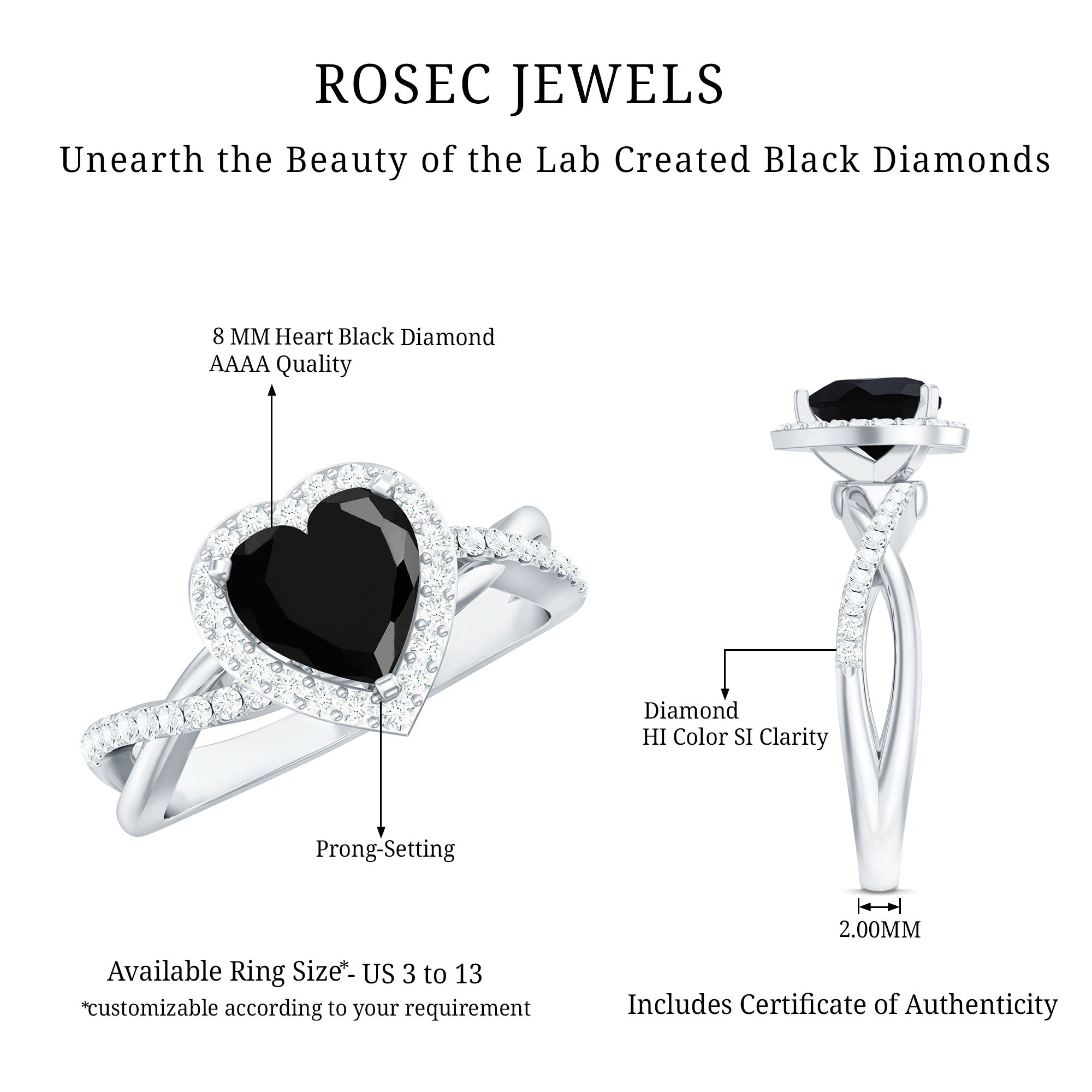 2.4 Carat Lab Grown Black and White Diamond Heart Engagement Ring with Halo