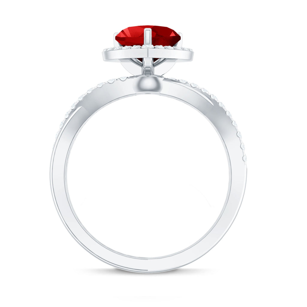 Heart Shaped Lab Created Ruby Crossover Engagement Ring with Natural Diamonds