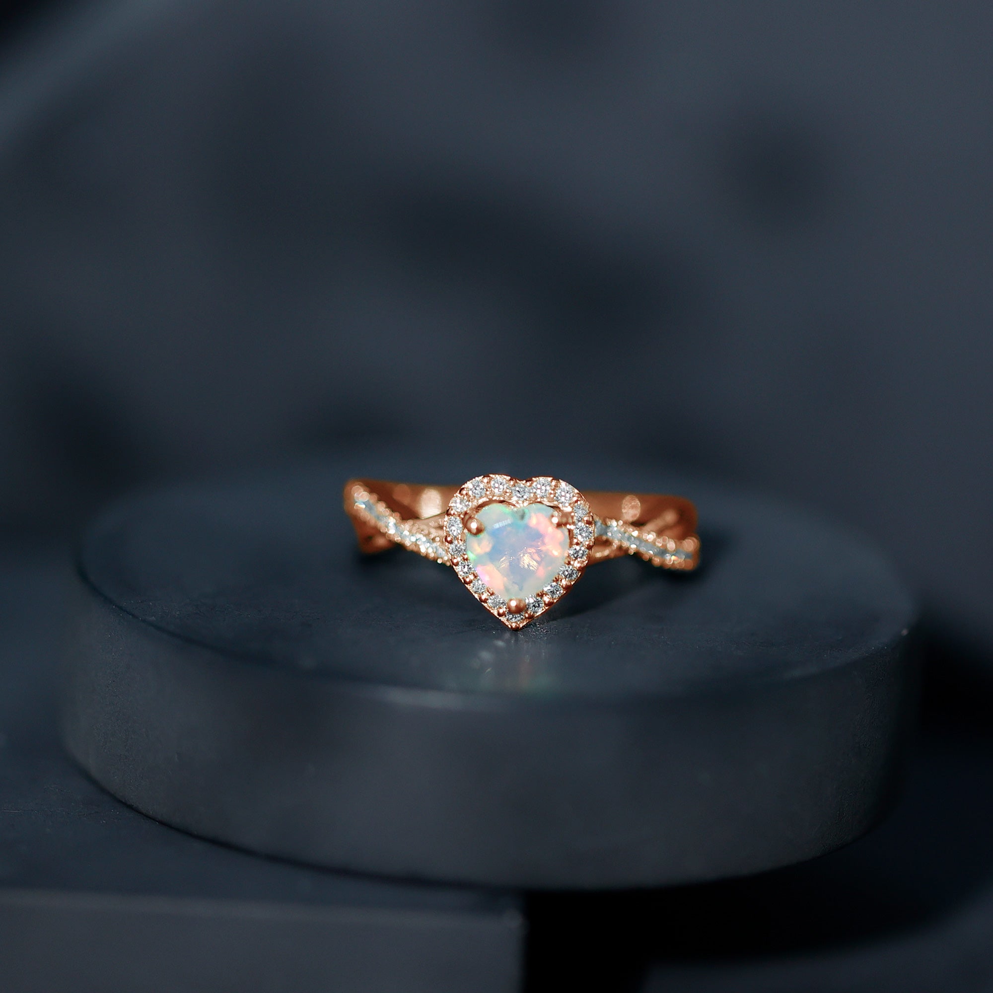 Natural Ethiopian Opal Heart Engagement Ring with Diamond Crossover Shank