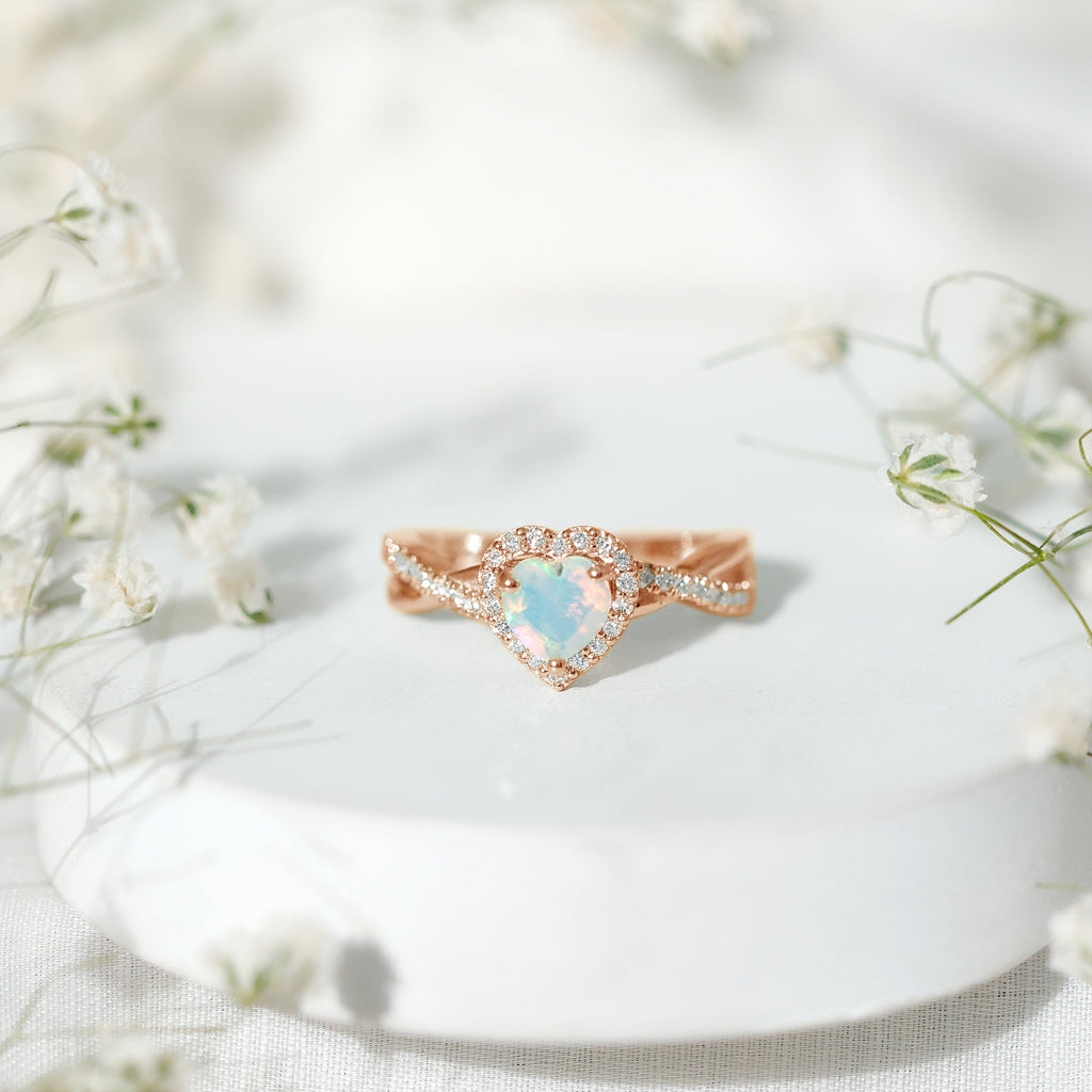 Natural Ethiopian Opal Heart Engagement Ring with Diamond Crossover Shank