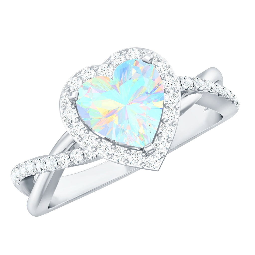Natural Ethiopian Opal Heart Engagement Ring with Diamond Crossover Shank