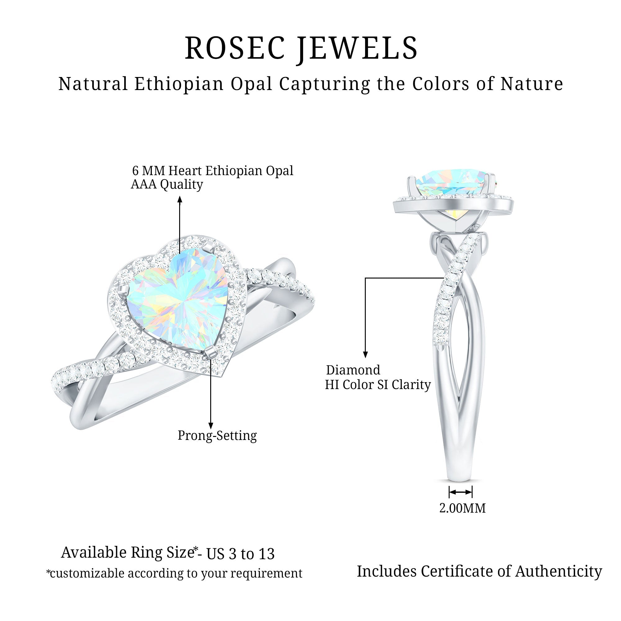 Natural Ethiopian Opal Heart Engagement Ring with Diamond Crossover Shank