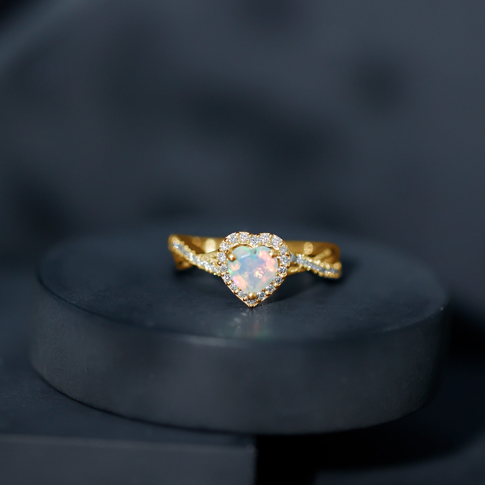 Natural Ethiopian Opal Heart Engagement Ring with Diamond Crossover Shank