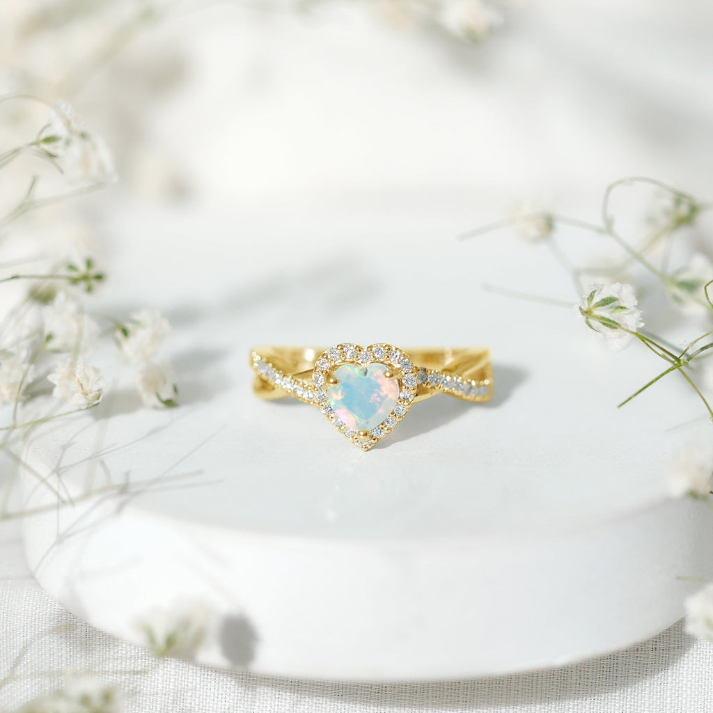 Natural Ethiopian Opal Heart Engagement Ring with Diamond Crossover Shank
