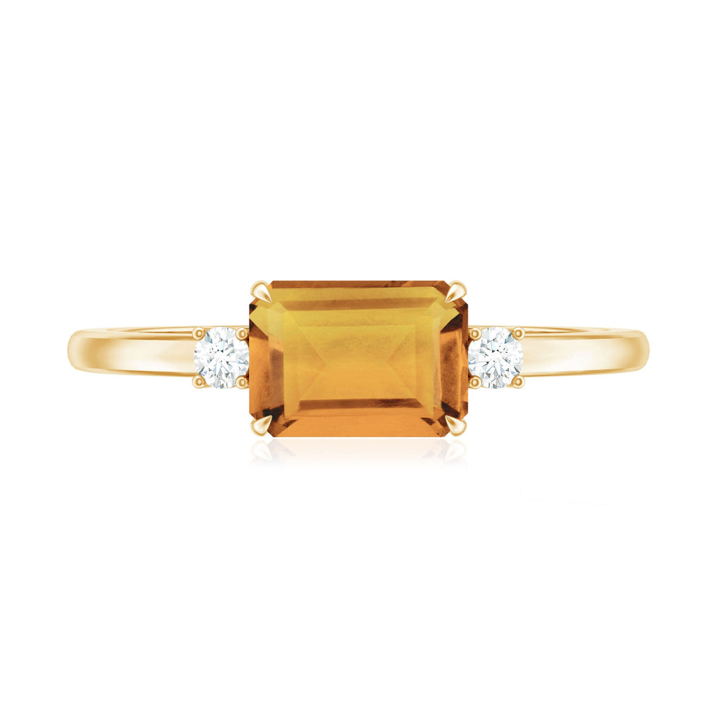 Natural Emerald Cut Citrine East West Engagement Ring with Diamond